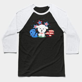 Cute Red White Blue Bichon Frise Fireworks Us Flag Baseball T-Shirt